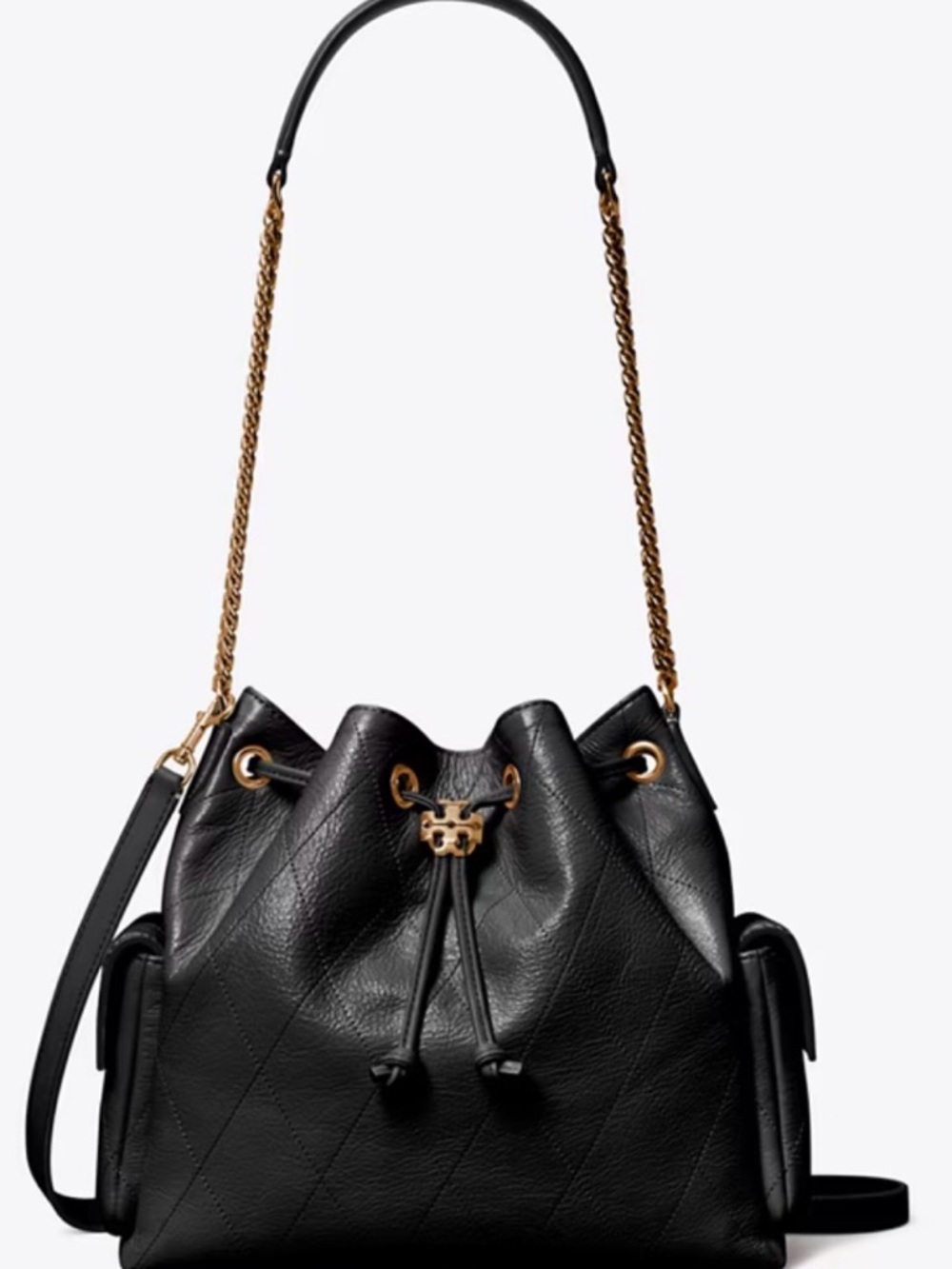 Tory Burch Charlie Drawstring Black Quilted Leather Drawstring Bucket Bag